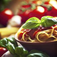 spaghetti sauce avec Pâtes, basilic feuilles, Ail et Frais tomates avec extrême peu profond profondeur de champ. ai génératif photo