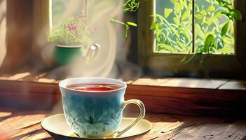 ai généré fermer vue de une tasse de Frais chaud latté café sur le en bois table dans le Matin. photo