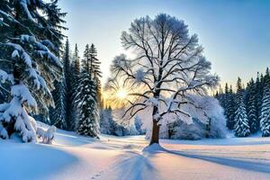 magnifique vue de neigeux des arbres dans hiver ai génératif photo