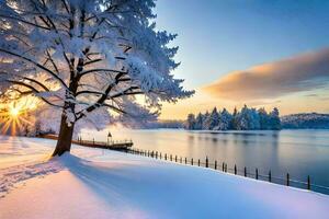 magnifique vue de neigeux des arbres dans hiver ai génératif photo