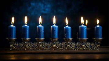 Hanoukka de fête fête concept, lueur de le menorah avec brillant bougies et étoile, génératif ai illustration photo
