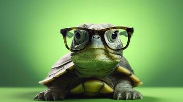 une mignonne peu vert tortue avec lunettes, produire ai photo