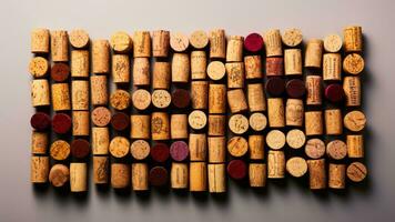 une collection de ancien du vin bouchons affiché soigneusement isolé sur une pente Contexte photo