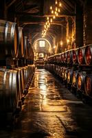 chêne barils logement vieillissement du vin dans cool vaguement allumé cave de une traditionnel vignoble photo