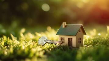 copie espace de maison. petit modèle Accueil sur vert herbe avec lumière du soleil. ai génératif photo