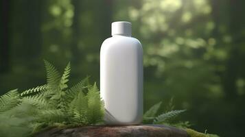 Naturel cosmétique produit présentation coulisses. en plein air forêt placement. blanc Vide pot shampooing bouteille. 3d. ai génératif photo