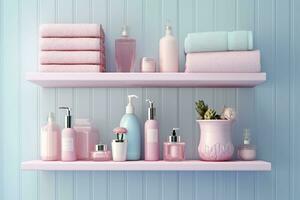 une pastel salle de bains étagère avec rose soin de la peau des produits, copie espace, bannière, rose et pastel bleu brillant palette, barbiecore. ai génératif photo