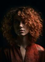 portrait de une Jeune femme avec brillant rouge et frisé cheveux sur une foncé Contexte. photo