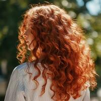 Jeune femme avec rouge et frisé cheveux sur le ville rue .dos voir. bannière ou affiche. social médias contenu pour beauté salons photo