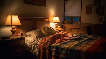 intérieur de chambre avec tricoté plaid sur lit et embrasé les lampes à nuit. ai génératif photo