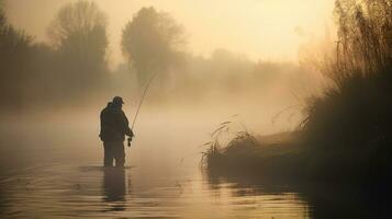 pêcheur avec canne à pêche, filage bobine sur le rivière banque. lever du soleil. brouillard contre le toile de fond de lac. Contexte brumeux Matin. sauvage la nature. le concept de une rural partir, génératif ai photo