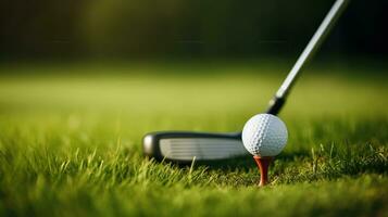 le golf Balle et club sur une vert prairie, génératif ai photo