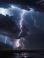 ai génératif puissant et dynamique représentation de une orage, avec boulons de foudre éclairant le foncé ciels. photo