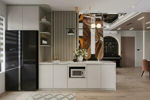 conception pour Fonctionnalité intelligent espace de rangement solutions pour ouvert cuisine intérieurs 3d le rendu photo