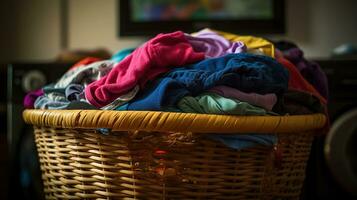 pile de vêtements dans blanchisserie panier à l'intérieur. ai génératif photo