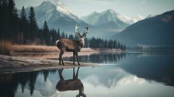 faune symphonie, cerf, neigeux pics, et ramure réflexion dans bord du lac harmonie. génératif ai photo