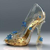 une paire de magnifique clair cristal haute talons, le talon est transparent or., a délicat sculpté les textures, les des chaussures sont décoré avec coloré fleurs, génératif ai photo