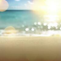 tropical été le sable plage et bokeh Soleil lumière sur mer Contexte. ai génératif photo