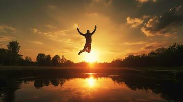 une homme flottant dans le ciel le coucher du soleil la photographie ai généré photo