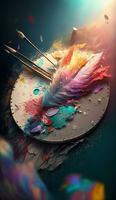 artiste palette éclaboussures de couleurs brosses en volant dans le air dans une magnifique fond d'écran ai généré image photo