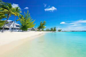 magnifique tropical plage dans Maldives avec peu paume des arbres et bleu lagune, incroyable blanc des plages de maurice île. tropical vacances, ai généré photo