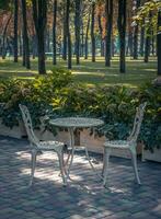 café les tables et bancs sans pour autant visiteurs concept photo. silencieux l'automne atmosphère photo