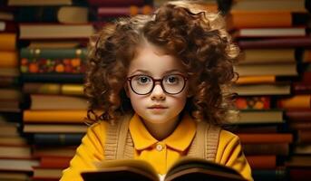 Jeune fille avec empiler de livres photo