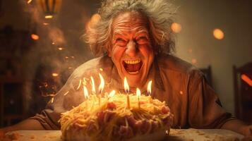 vieux homme avec anniversaire gâteau photo