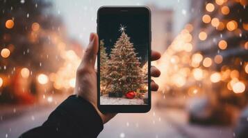 une main en portant une téléphone avec une Noël arbre Contexte photo