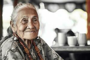 une souriant Sénior femme est séance à une café photo