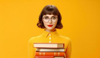 Jeune fille avec empiler de livres photo