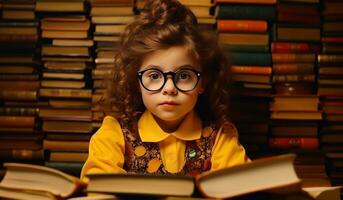 Jeune fille avec empiler de livres photo