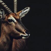 portrait de un antilope sur une noir Contexte avec espace pour texte. sauvage artiodactyle animal. ai génératif photo