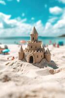 une le sable Château plage avec une bleu ciel et blanc des nuages photo