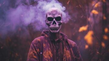 ai génératif une homme avec violet sweat à capuche avec masque visage couvert pour Halloween photo