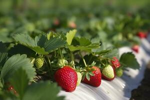 buisson de mûr biologique des fraises dans le jardin. baie fermer. génératif ai photo