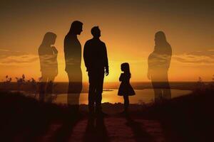 ombre de content famille ensemble, Parents avec leur peu bébé à le coucher du soleil. une silhouette de l'amour et unité. ai génératif photo