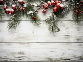 ai génératif vacances décoration avec papier neige cloches vert branche et sorbier des oiseleurs sur en bois congelé table Noël Contexte photo