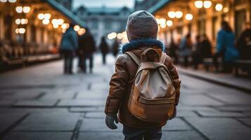 une petit enfant dans une veste porter une sac à dos ai génératif photo