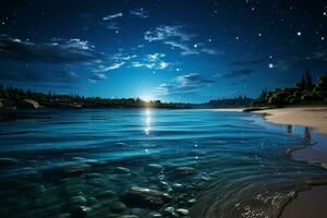 réaliste image cette capture le élégant charme de une embrasé lune suspendu faible plus de une tranquille bleu mer. ai génératif photo