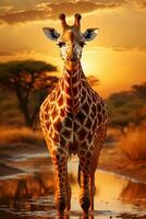 une girafe pendant très longtemps sur le savane dans Afrique. ai génératif photo