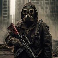 ai génératif une homme dans une gaz masque en portant une fusil avec apocalypse ambiance photo