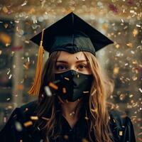 une femme avec visage masque portant une l'obtention du diplôme casquette et robe avec confettis ai génératif photo