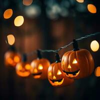 ai génératif une chaîne de Halloween lumières avec jack'o lanternes pendaison de leur photo