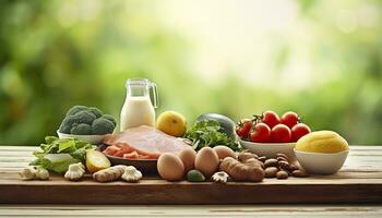 fermer de légumes, des fruits, et Viande sur en bois table plus de vert Naturel Contexte. génératif ai photo