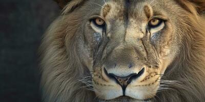 proche en haut de un africain lion. génératif ai photo