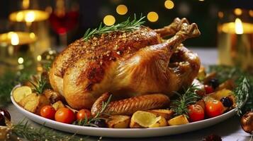juteux et savoureux rôti dinde sur une assiette avec Noël décorations. rôti poulet avec légumes, rôti poulet faire la fête, tout sortes de nourriture, bière. ai génératif photo