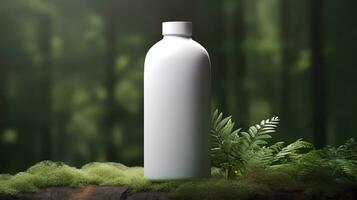 Naturel cosmétique produit présentation coulisses. en plein air forêt placement. blanc Vide pot shampooing bouteille. 3d. ai génératif photo