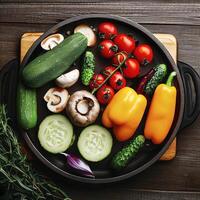 brut des légumes pour cuisine sur une gril la poêle sur une en bois Contexte Haut voir. ai génératif photo