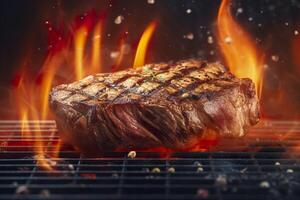 du boeuf steak sur le gril avec fumée et flammes. ai génératif photo